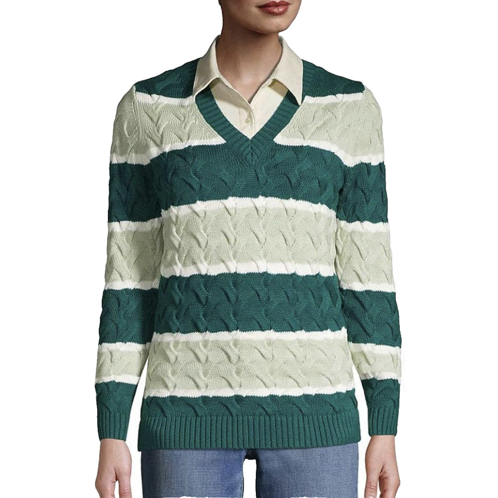 Lands End Womens Drifter Cable Knit V Neck Stripe Sweater‎ Size M Rugby Chunky